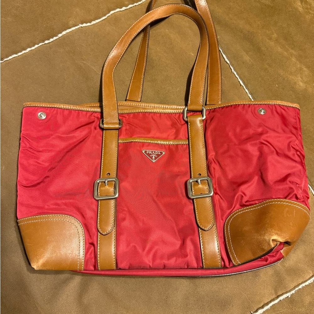 Prada Red and Tan Tote Bag